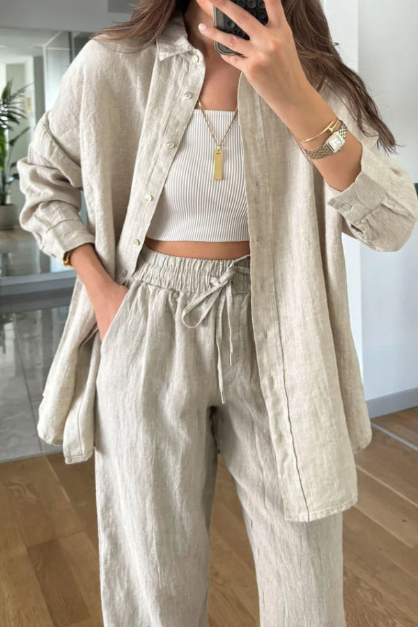 Teresa® | Casual tweedelige set bestaande uit een katoenen linnen overhemd en een cropped broek