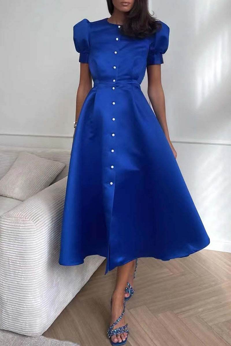 Yazmin® | Elegante effen kleur korte mouw O-hals A-lijn gespjurk (5 kleuren)