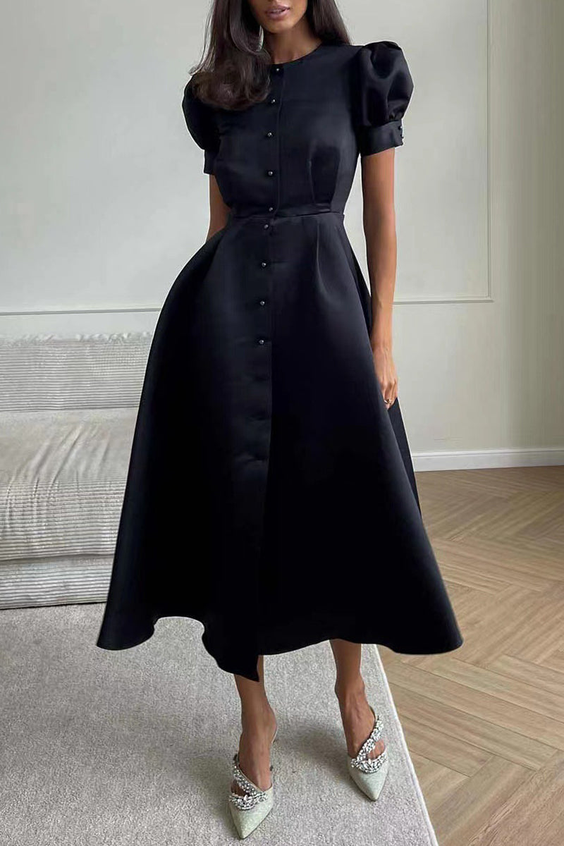 Yazmin® | Elegante effen kleur korte mouw O-hals A-lijn gespjurk (5 kleuren)