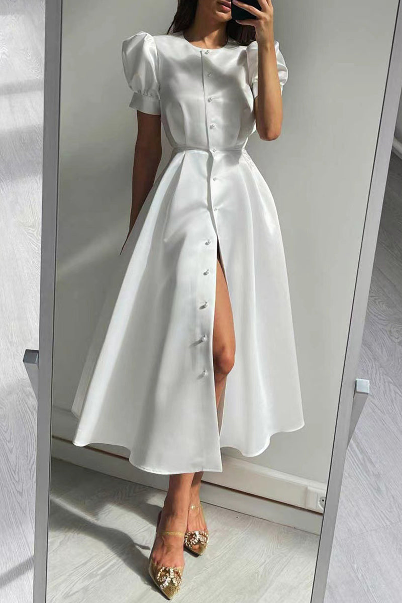 Yazmin® | Elegante effen kleur korte mouw O-hals A-lijn gespjurk (5 kleuren)