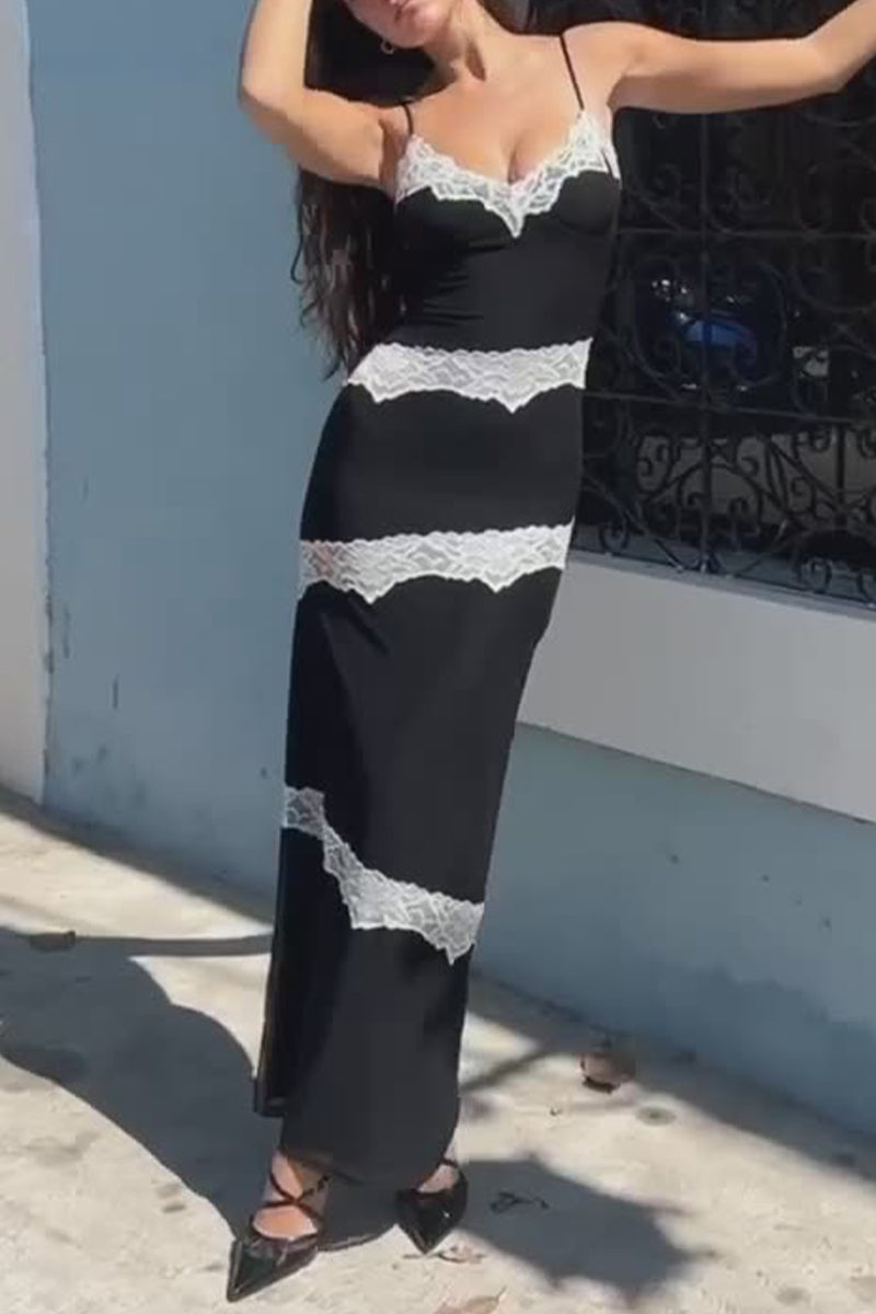 Yesenia® | Sexy jurken met effen kleur kant contrasterende V-hals en one-tier rok
