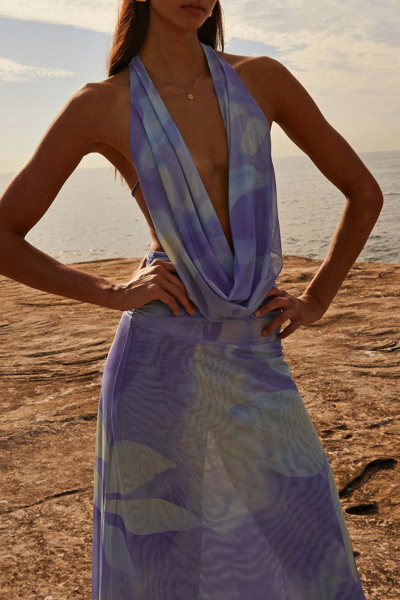Teresa® | Sexy rugloze, mouwloze tweedelig met geleidelijk wisselende print en sjaalkraag