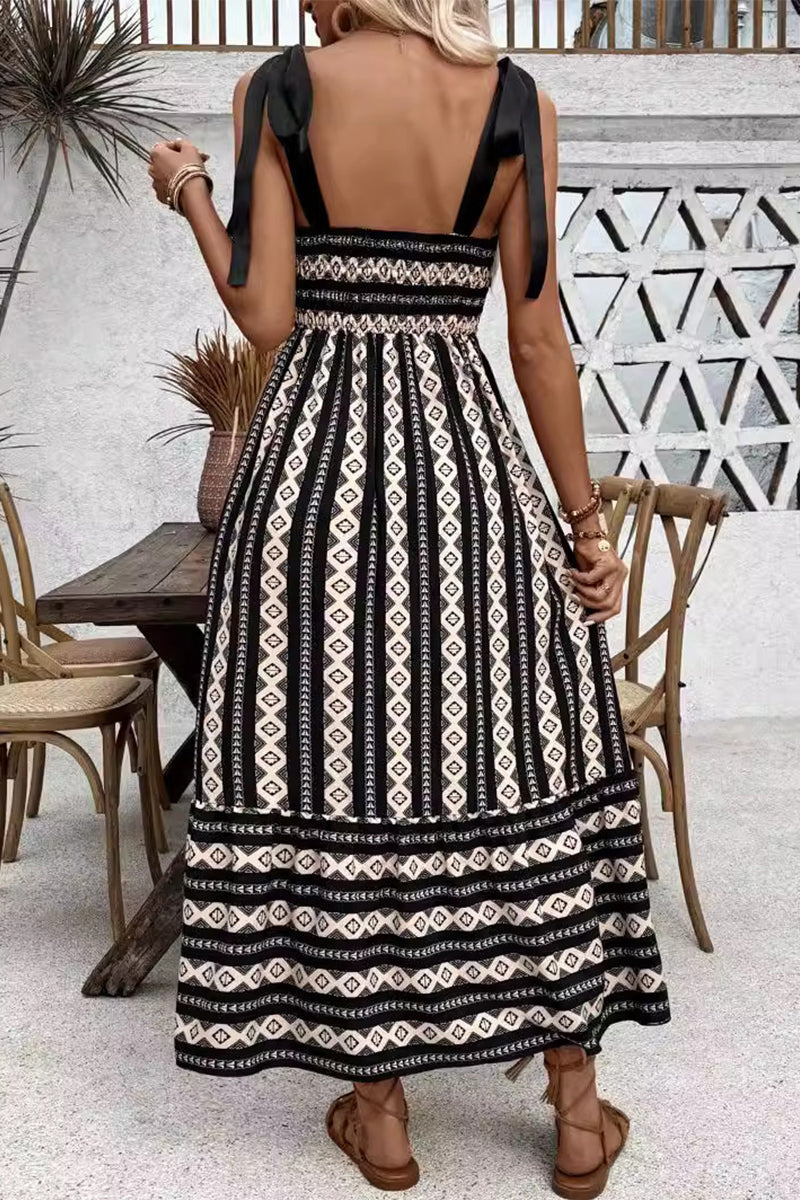 Yesenia® | Casual elegante geometrisch gestreepte bandage-contrasterende sling-jurken met vierkante kraag