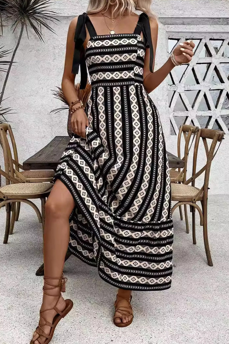 Yesenia® | Casual elegante geometrisch gestreepte bandage-contrasterende sling-jurken met vierkante kraag