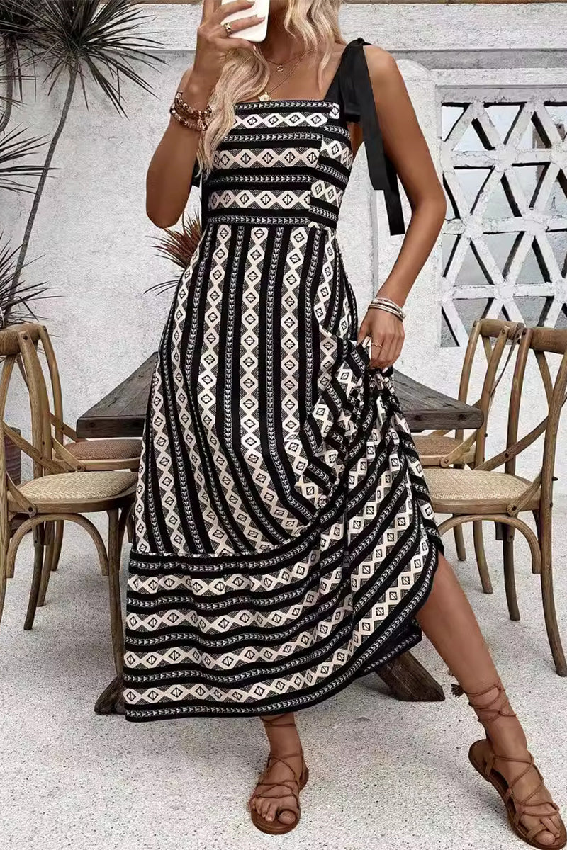 Yesenia® | Casual elegante geometrisch gestreepte bandage-contrasterende sling-jurken met vierkante kraag