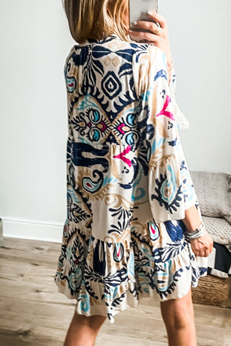 Yasmin® | Casual dagelijkse nationale totemprint patchwork ruches V-hals A-lijn jurken
