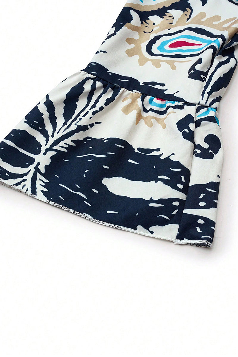 Yasmin® | Casual dagelijkse nationale totemprint patchwork ruches V-hals A-lijn jurken