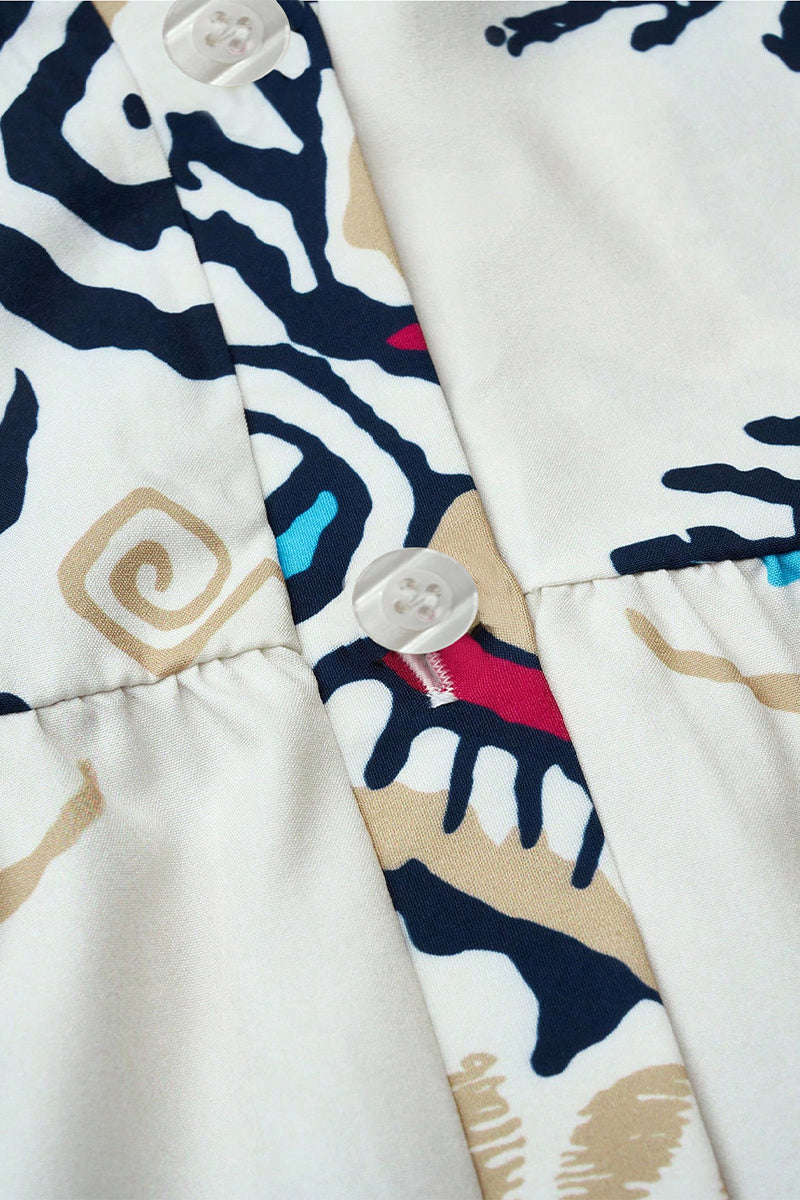 Yasmin® | Casual dagelijkse nationale totemprint patchwork ruches V-hals A-lijn jurken