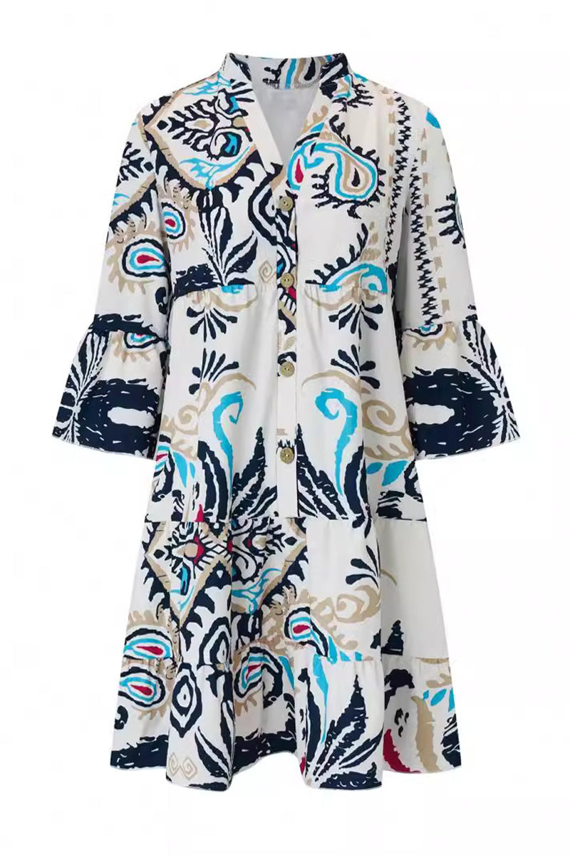 Yasmin® | Casual dagelijkse nationale totemprint patchwork ruches V-hals A-lijn jurken