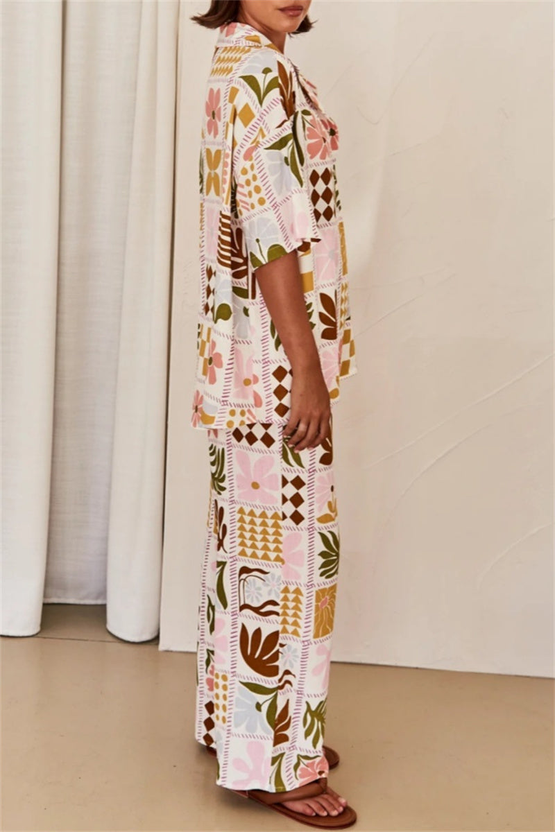 Valentina® | Casual tweedelig pak met bloemenprint, basic omslagkraag, korte mouwen