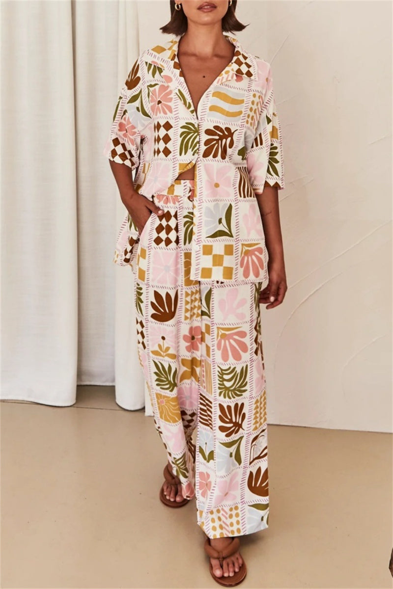 Valentina® | Casual tweedelig pak met bloemenprint, basic omslagkraag, korte mouwen