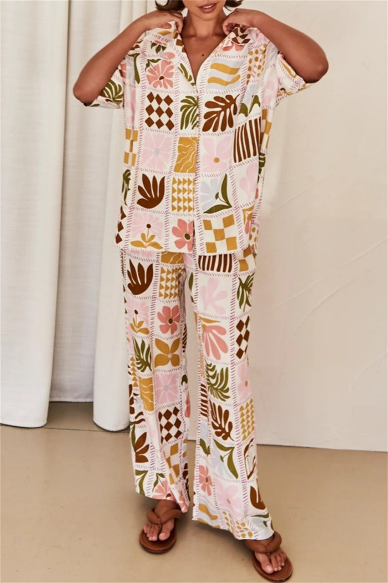 Valentina® | Casual tweedelig pak met bloemenprint, basic omslagkraag, korte mouwen