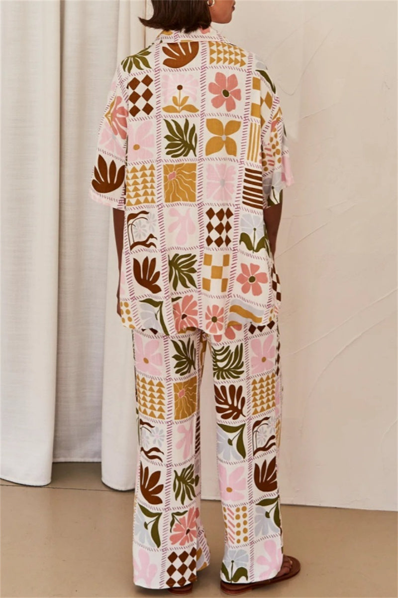 Valentina® | Casual tweedelig pak met bloemenprint, basic omslagkraag, korte mouwen