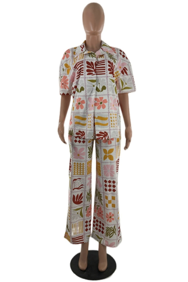 Valentina® | Casual tweedelig pak met bloemenprint, basic omslagkraag, korte mouwen