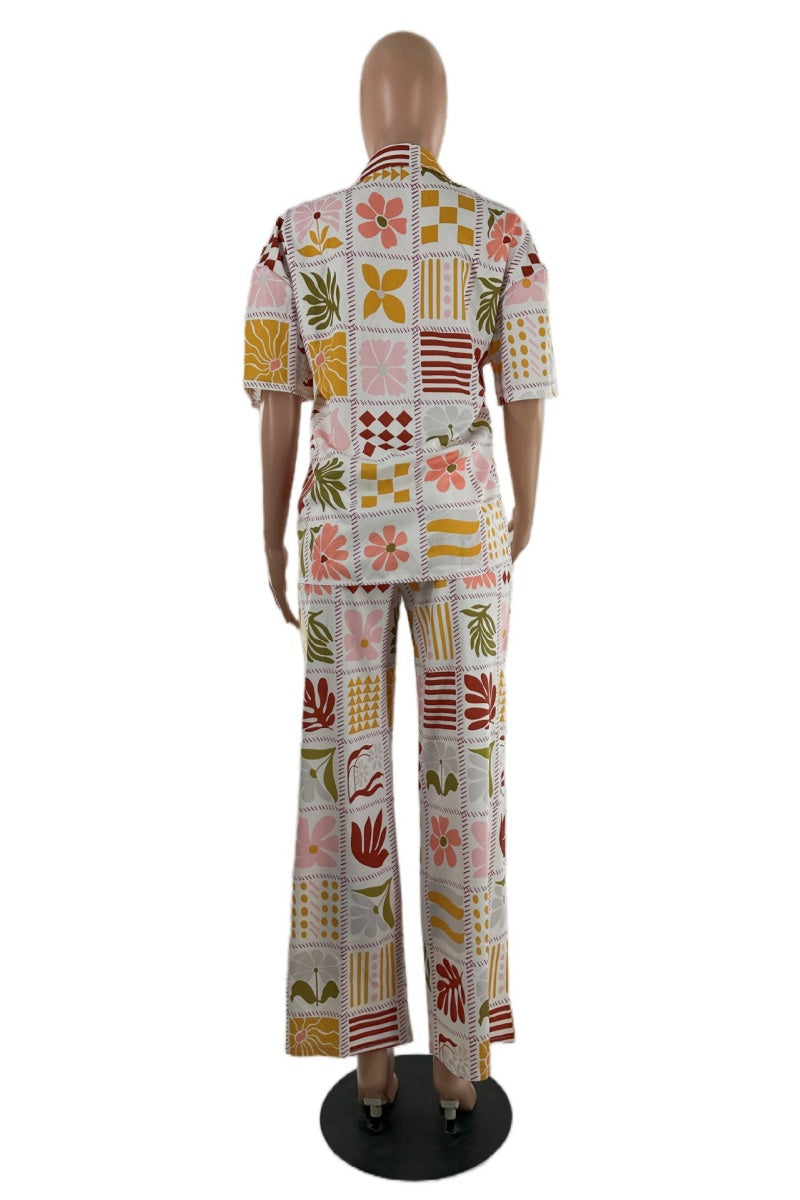 Valentina® | Casual tweedelig pak met bloemenprint, basic omslagkraag, korte mouwen