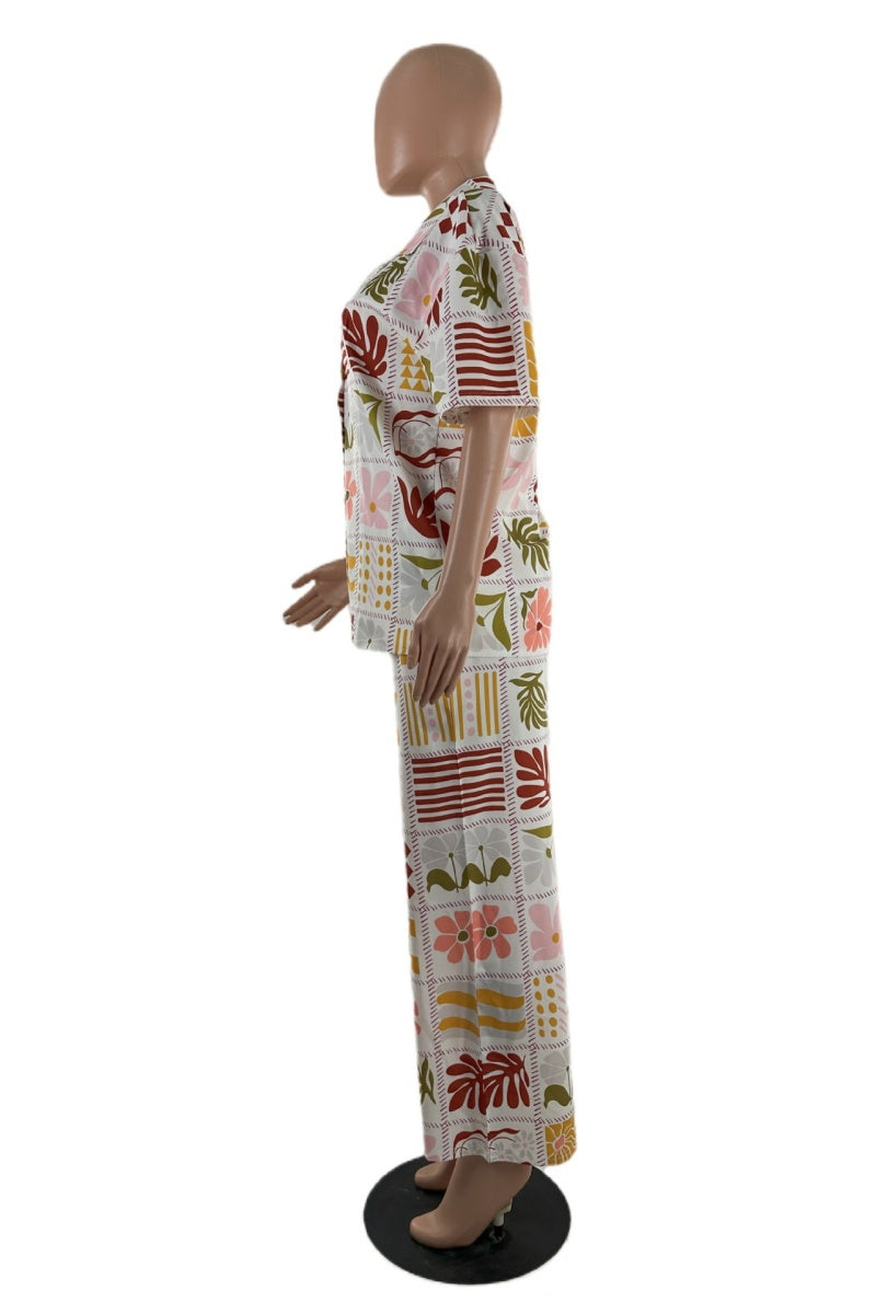 Valentina® | Casual tweedelig pak met bloemenprint, basic omslagkraag, korte mouwen