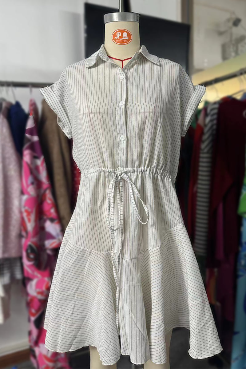 Yasmin® | Casual A-lijnjurken met gestreepte print, vetersluiting en gesp, omslagkraag