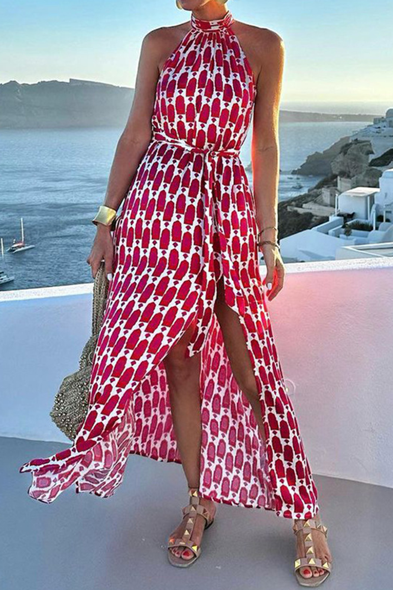 Yasmina® | Elegante mouwloze jurken met geometrische print en contrasterende halternek met split voor vakantie