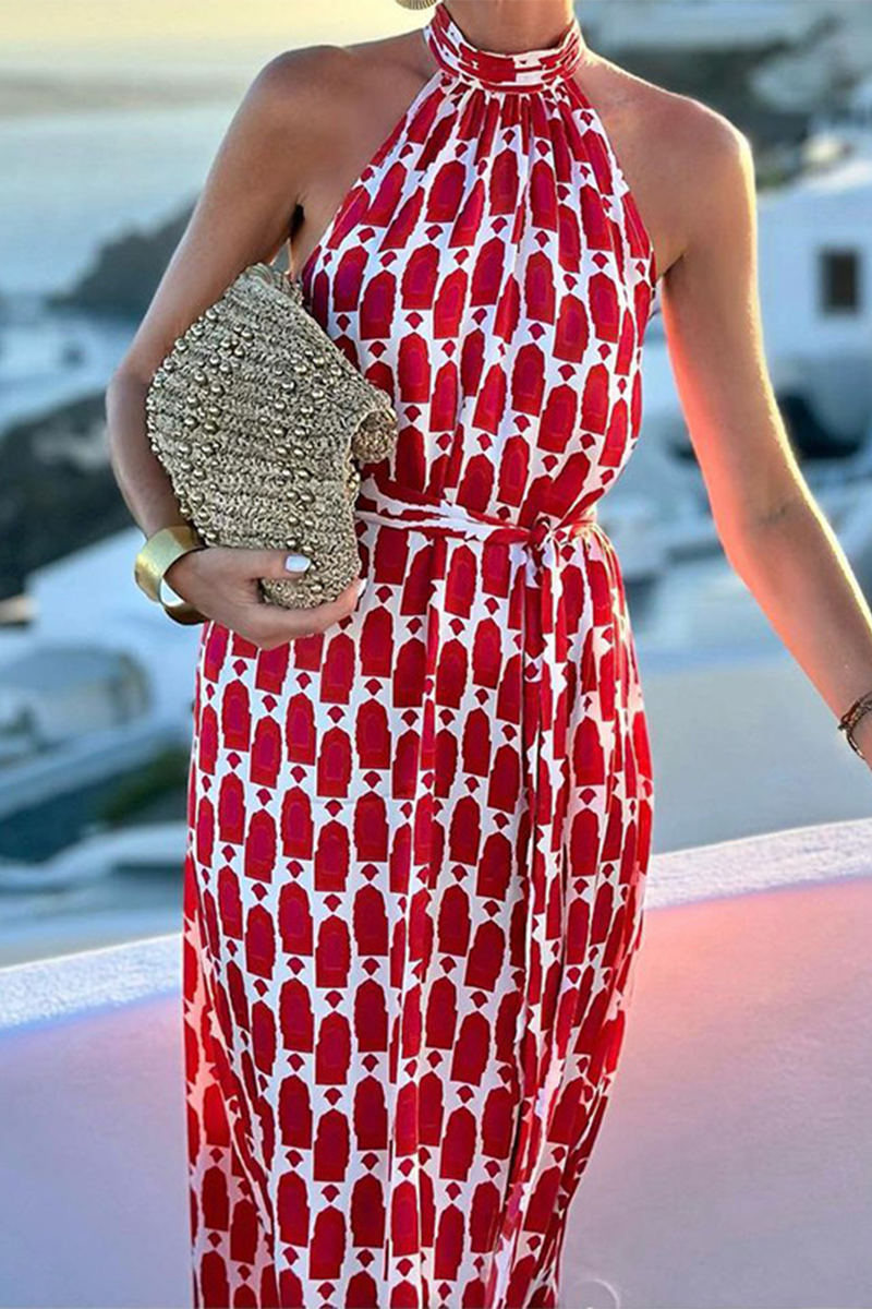 Yasmina® | Elegante mouwloze jurken met geometrische print en contrasterende halternek met split voor vakantie