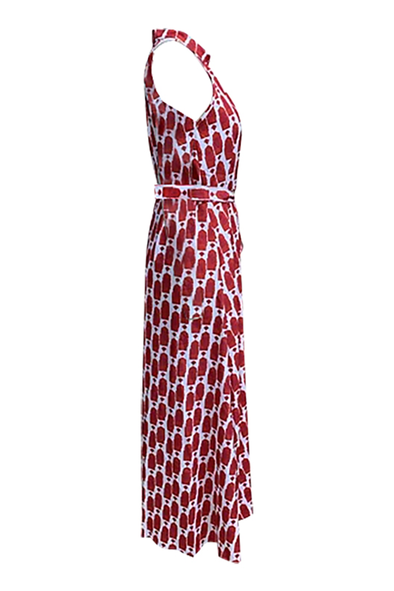 Yasmina® | Elegante mouwloze jurken met geometrische print en contrasterende halternek met split voor vakantie
