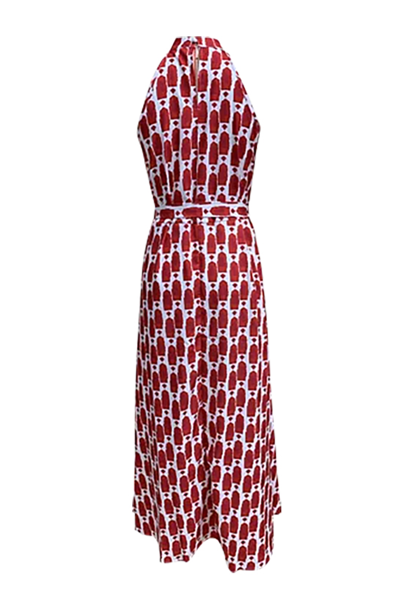 Yasmina® | Elegante mouwloze jurken met geometrische print en contrasterende halternek met split voor vakantie