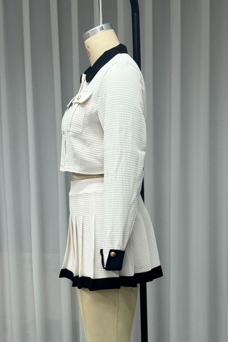 Teresa® | Prominent tweedelig pak met patchwork, geplooide contrasterende kraag en lange mouwen
