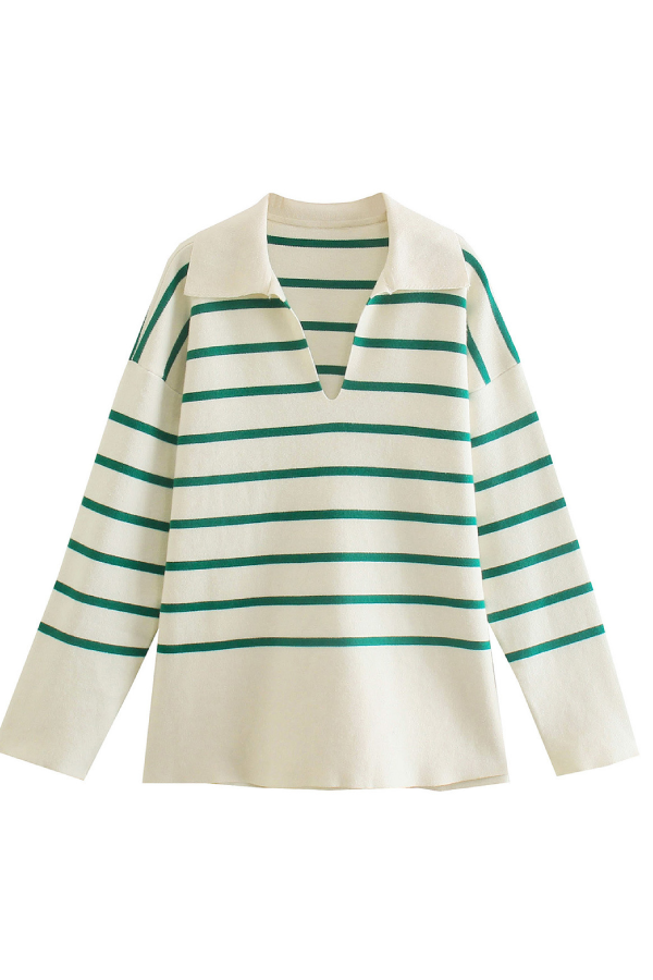 Tiffany® | Ruimvallende, gestreepte trui met reverskraag