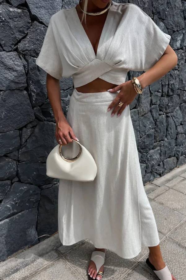 Yasmina® | Casual tweedelige set met top en rok in effen kleur