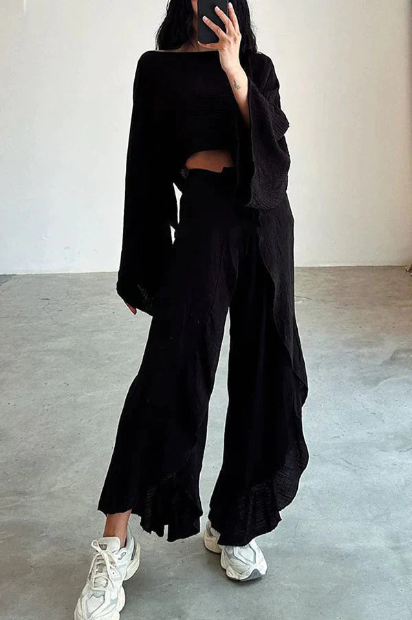 Yessica® | Een crop top van een linnenmix en een broek met ruches en een elastische tailleband