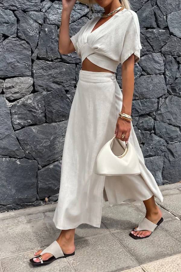 Yasmina® | Casual tweedelige set met top en rok in effen kleur