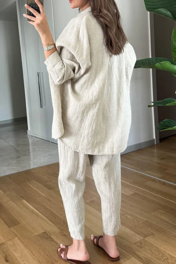 Teresa® | Casual tweedelige set bestaande uit een katoenen linnen overhemd en een cropped broek