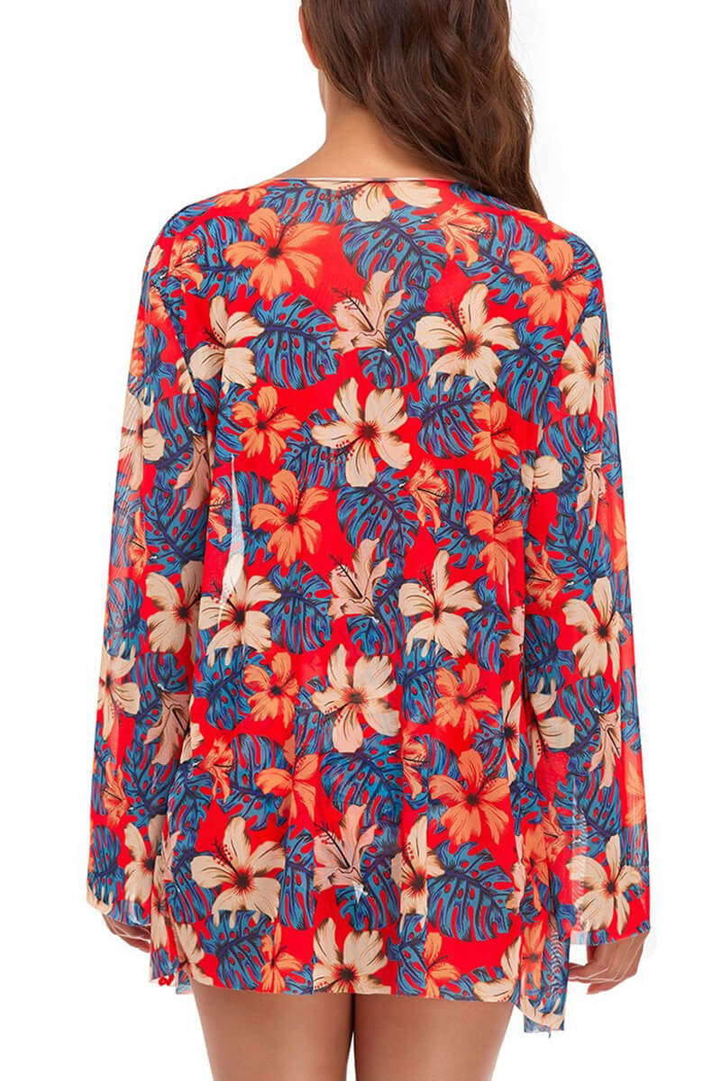 Zoe® | Oranje strandblouse en bikiniset met bloemen