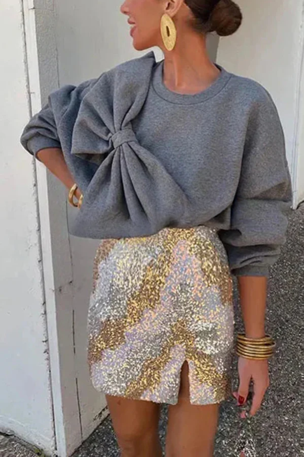 Tess® | Effen losse sweatshirts met ronde hals en lange mouwen met strik