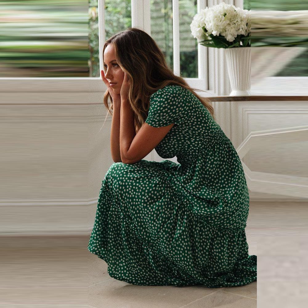Yasmina® | Boheemse groene midi-jurk met pofmouwen