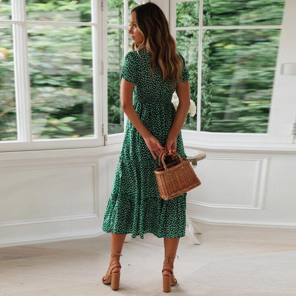 Yasmina® | Boheemse groene midi-jurk met pofmouwen