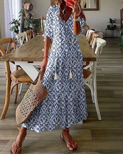 Ursula® | Lange jurk met print, V-hals en halve mouwen