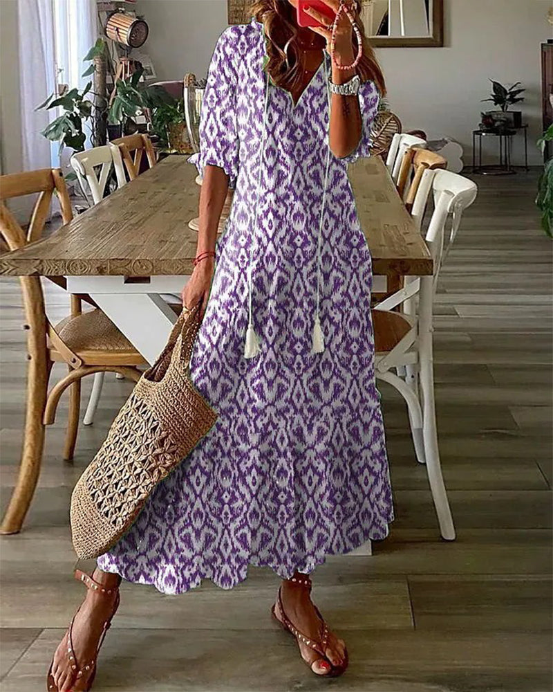Ursula® | Lange jurk met print, V-hals en halve mouwen