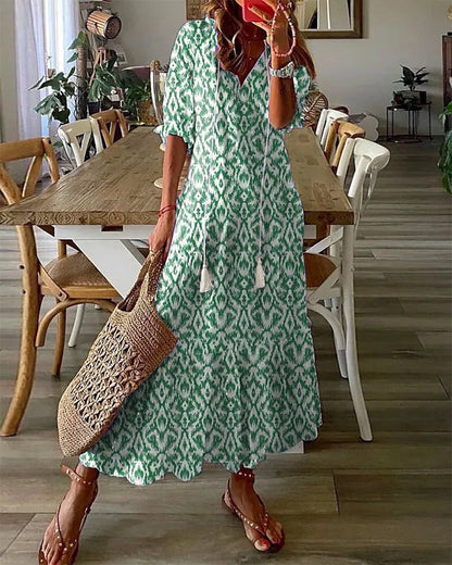 Ursula® | Lange jurk met print, V-hals en halve mouwen