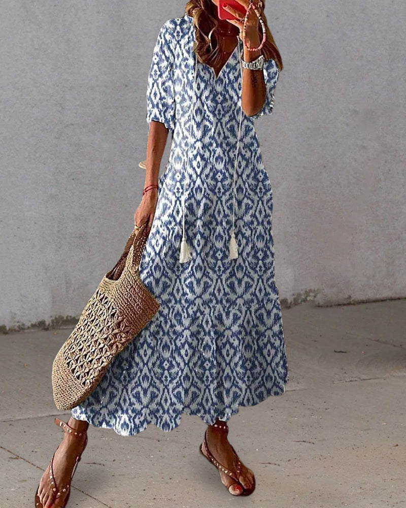 Ursula® | Lange jurk met print, V-hals en halve mouwen