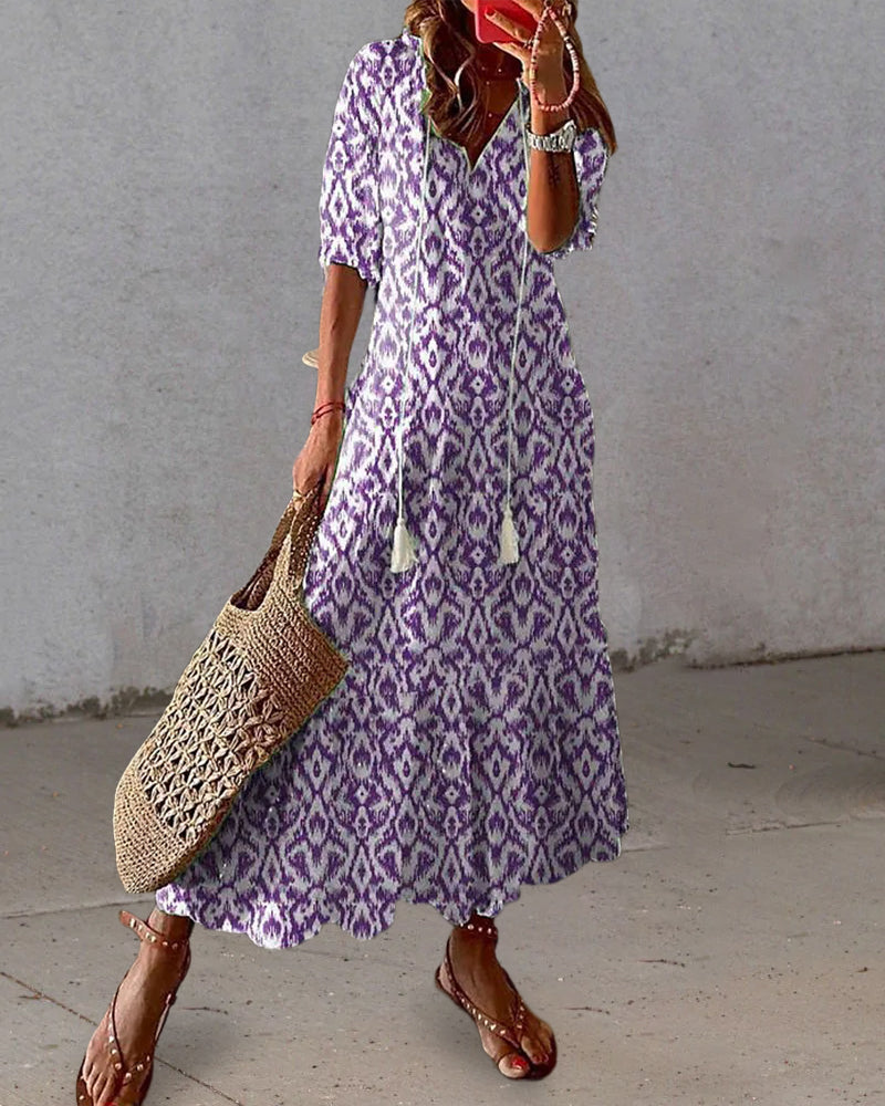 Ursula® | Lange jurk met print, V-hals en halve mouwen