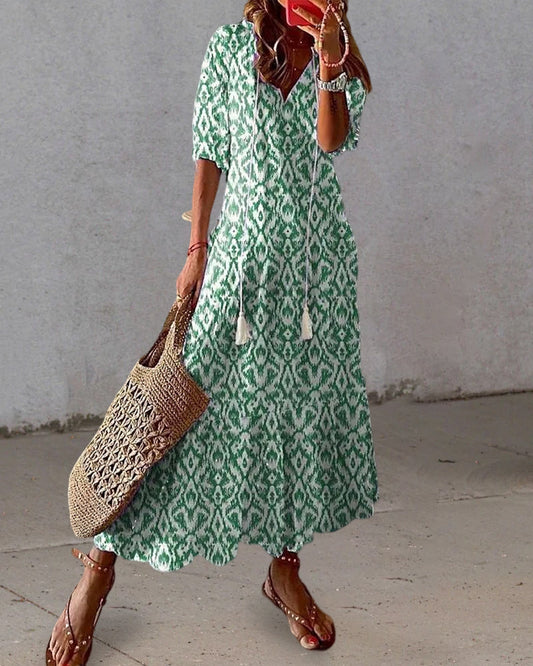Ursula® | Lange jurk met print, V-hals en halve mouwen