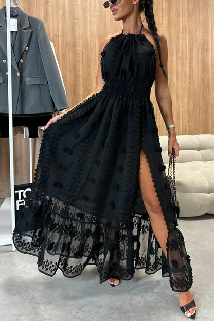 Yazmin® | Maxi-jurk met geborduurde bloemen, elastische taille, halternek, rugloze split en split