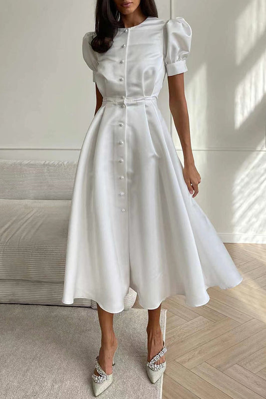 Yazmin® | Elegante effen kleur korte mouw O-hals A-lijn gespjurk (5 kleuren)