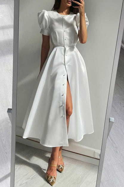 Yazmin® | Elegante effen kleur korte mouw O-hals A-lijn gespjurk (5 kleuren)