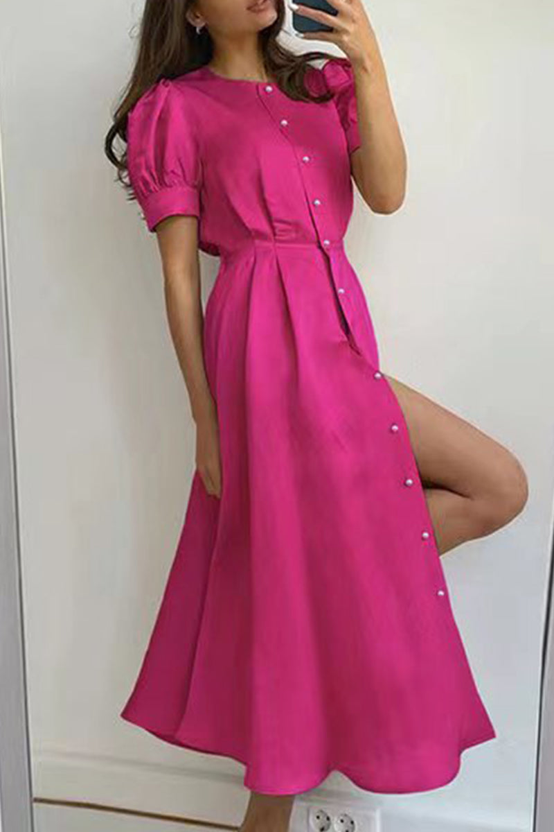 Yazmin® | Elegante effen kleur korte mouw O-hals A-lijn gespjurk (5 kleuren)