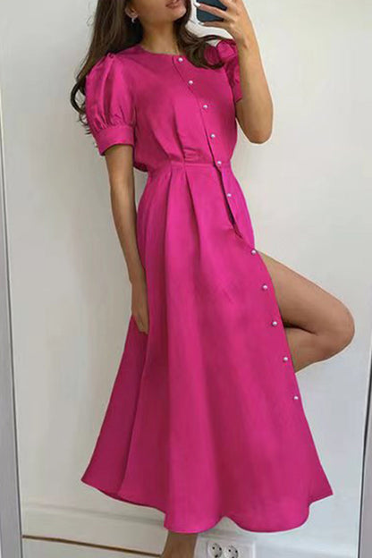 Yazmin® | Elegante effen kleur korte mouw O-hals A-lijn gespjurk (5 kleuren)