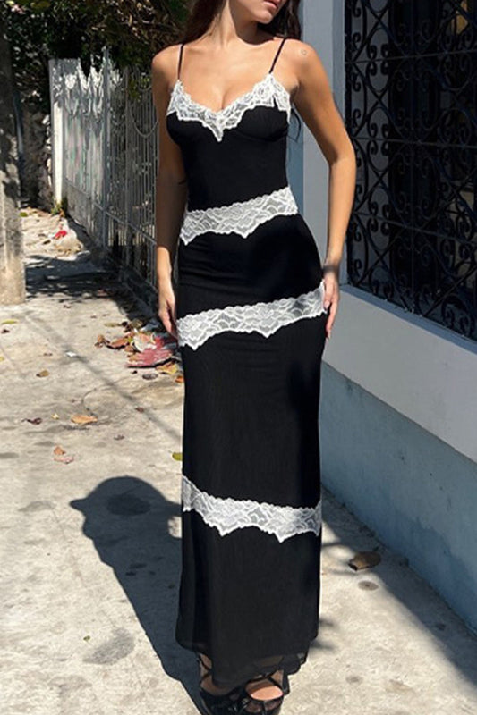 Yesenia® | Sexy jurken met effen kleur kant contrasterende V-hals en one-tier rok