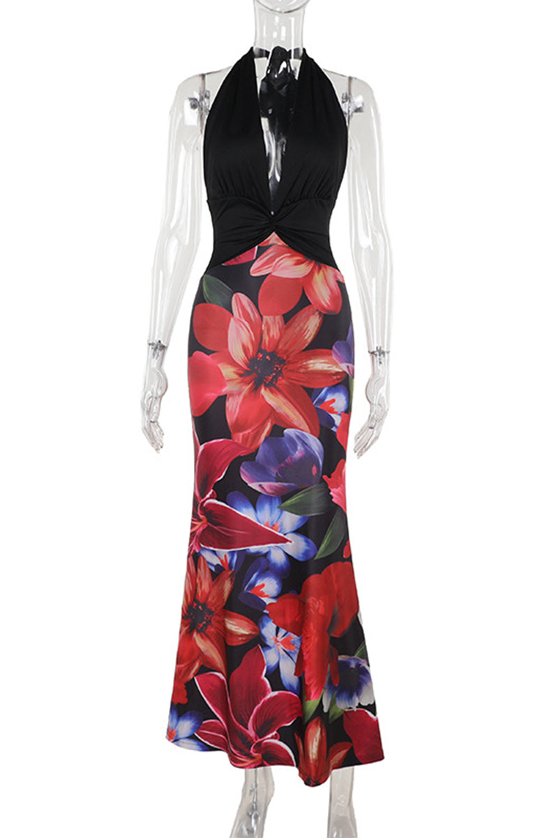 Trinidad® | Sexy rugloze halterjurk zonder positionering met bloemenprint en rok met één laag