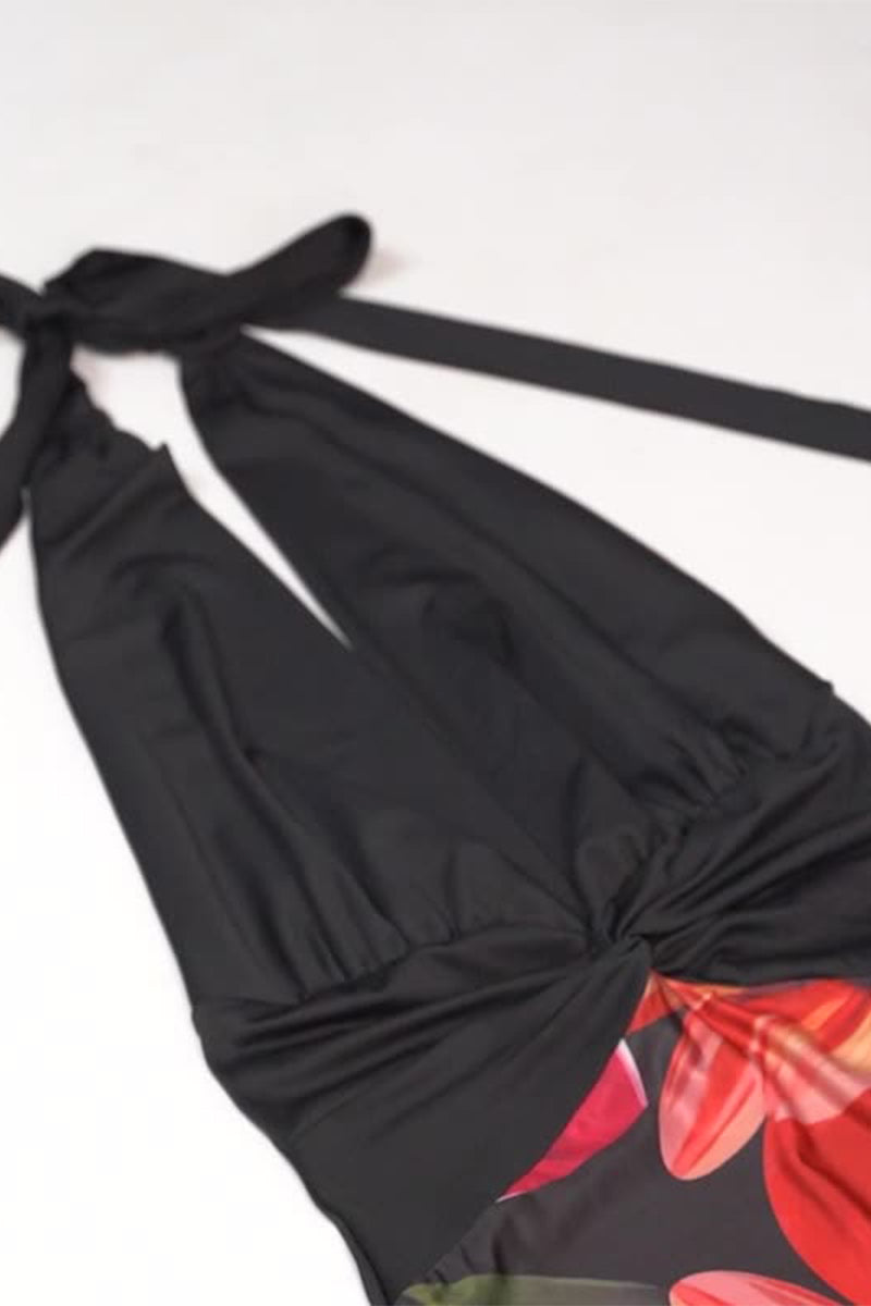 Trinidad® | Sexy rugloze halterjurk zonder positionering met bloemenprint en rok met één laag