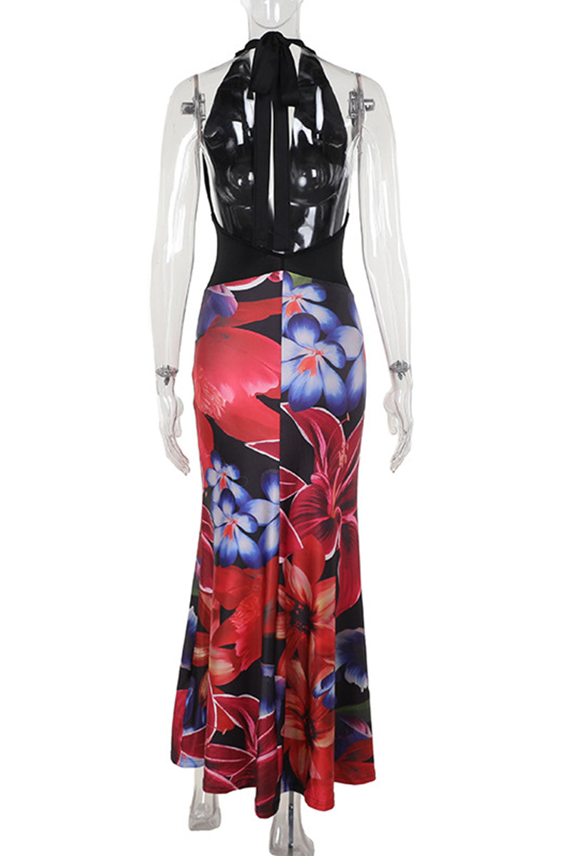 Trinidad® | Sexy rugloze halterjurk zonder positionering met bloemenprint en rok met één laag